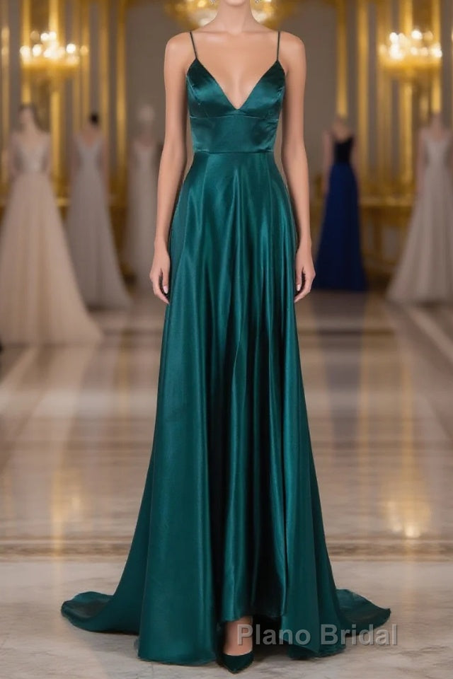 Elegant Open Back Spaghetti Straps Sweep Train Long Formal Prom Dresses