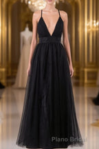 Elegant Tulle Spaghetti Straps Backless Floor Length Formal Prom Dresses