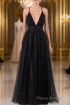 Elegant Tulle Spaghetti Straps Backless Floor Length Formal Prom Dresses