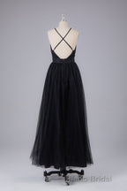 Elegant Tulle Spaghetti Straps Backless Floor Length Formal Prom Dresses