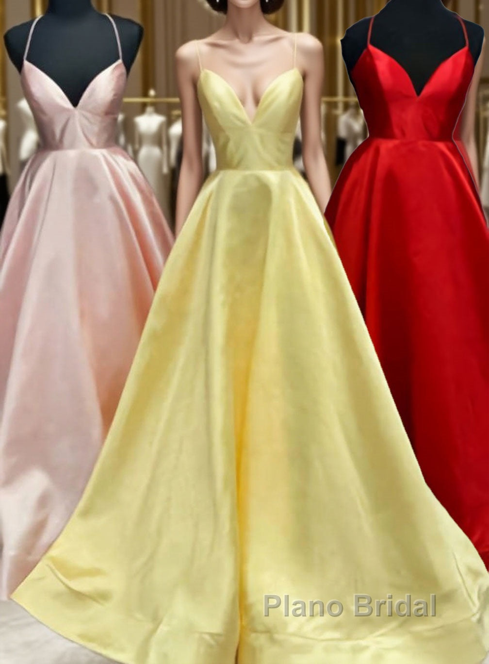 Elegant Yellow Satin Long Formal Prom Dress with Cross Back Main image