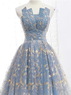 Elegant A Line Blue Tulle Long Strapless Lace Up Gold Evening Dress, Prom Dresses, Js223