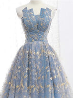 Elegant A Line Blue Tulle Long Strapless Lace Up Gold Evening Dress, Prom Dresses, Js223