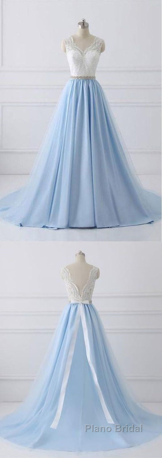 Elegant Long Blue Formal Prom Dresses with White Lace Top | Senior School Prom Dresses Secondary image