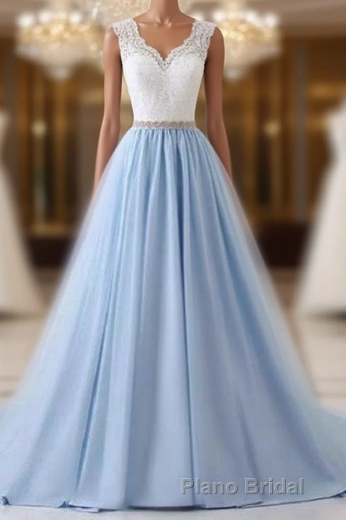Elegant Long Blue Formal Prom Dresses with White Lace Top | Senior School Prom Dresses Main image