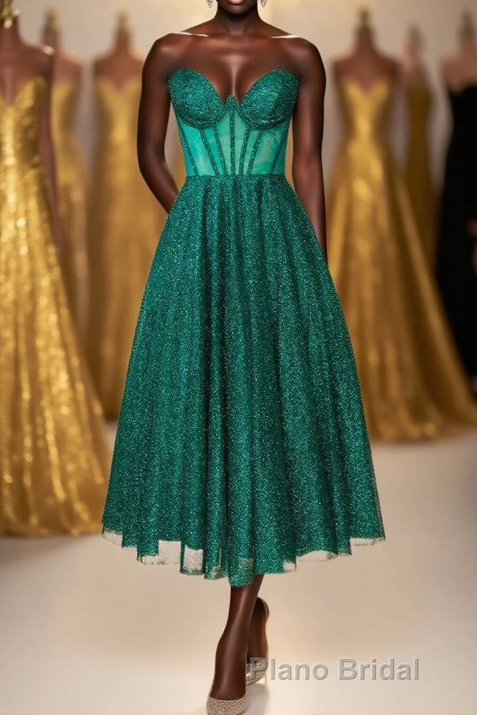 Green Corset A-line Tea Length Dresses Main image