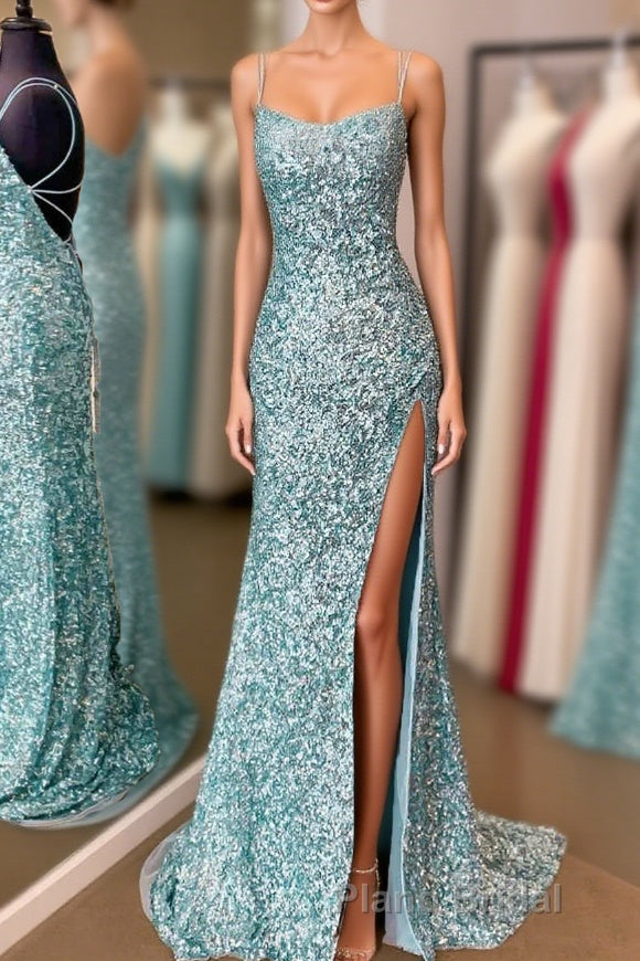 Sparkle Tiffany Blue Sequins Long Formal Prom Dresses with Slit Main image