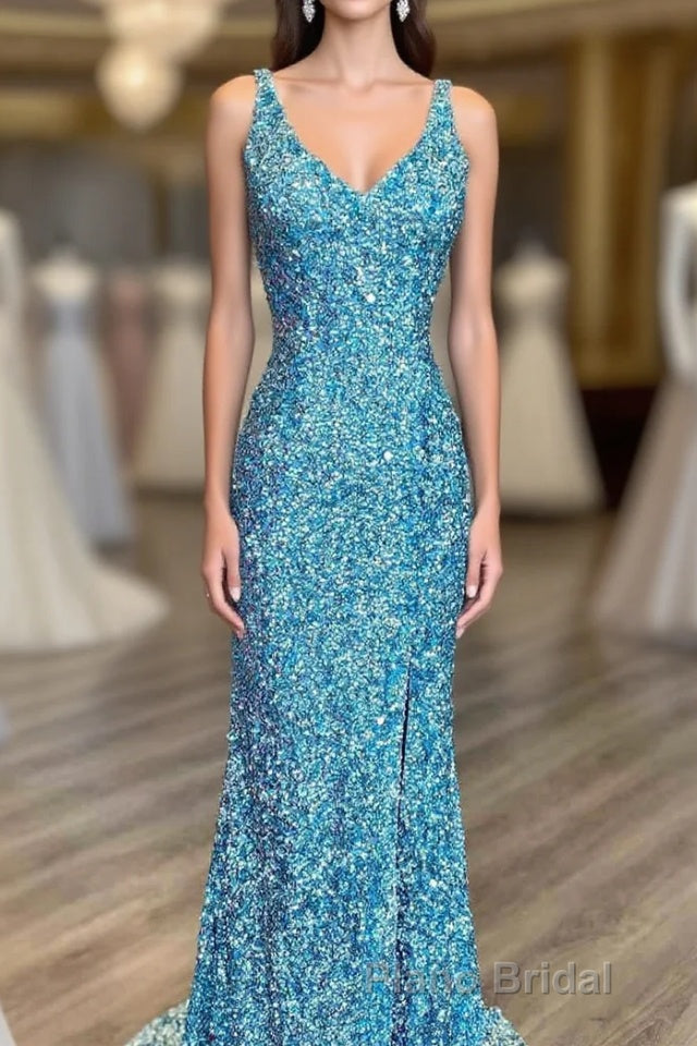 Glitter V-Neck Tiffany Blue Mermaid Formal Prom Dreess Main image