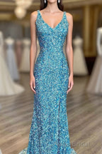 Glitter V-Neck Tiffany Blue Mermaid Formal Prom Dreess
