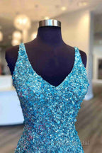 Glitter V-Neck Tiffany Blue Mermaid Formal Prom Dreess