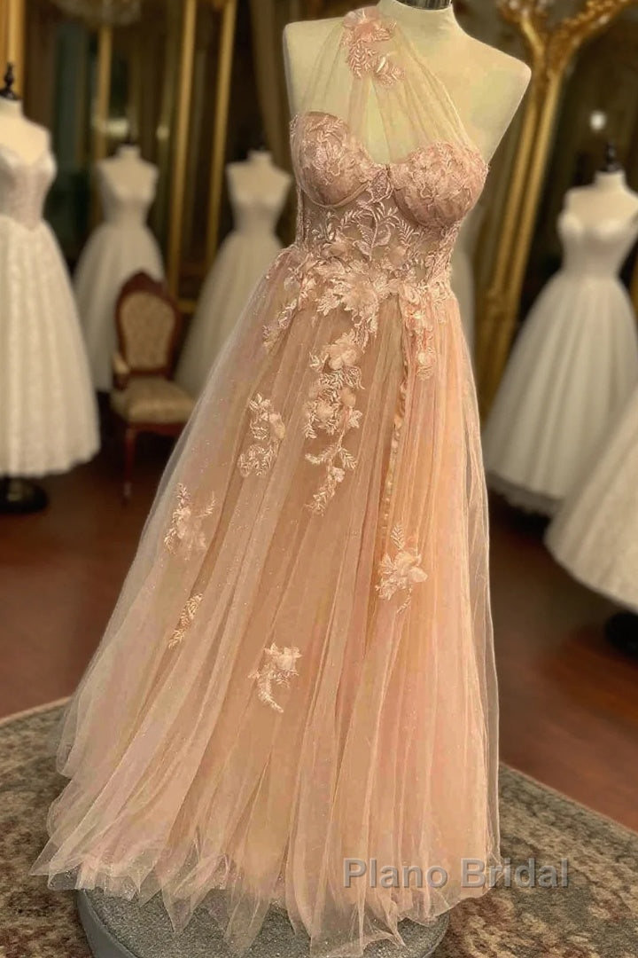 Sweetheart One Shoulder Pink Formal Prom Dress with Flowers