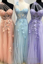 Sweetheart One Shoulder Pink Formal Prom Dress with Flowers