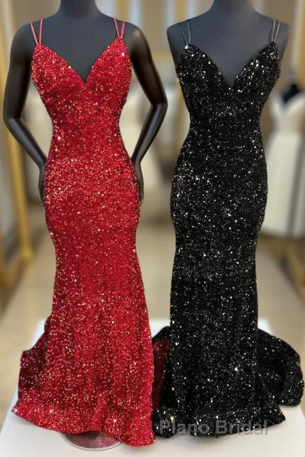 Mermaid Sequine Long Formal Prom Dresses with Double Straps Main image