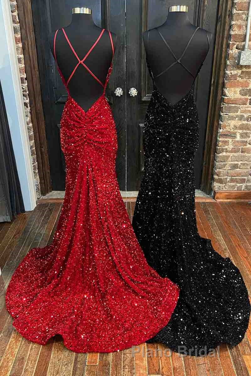 Mermaid Sequine Long Formal Prom Dresses with Double Straps