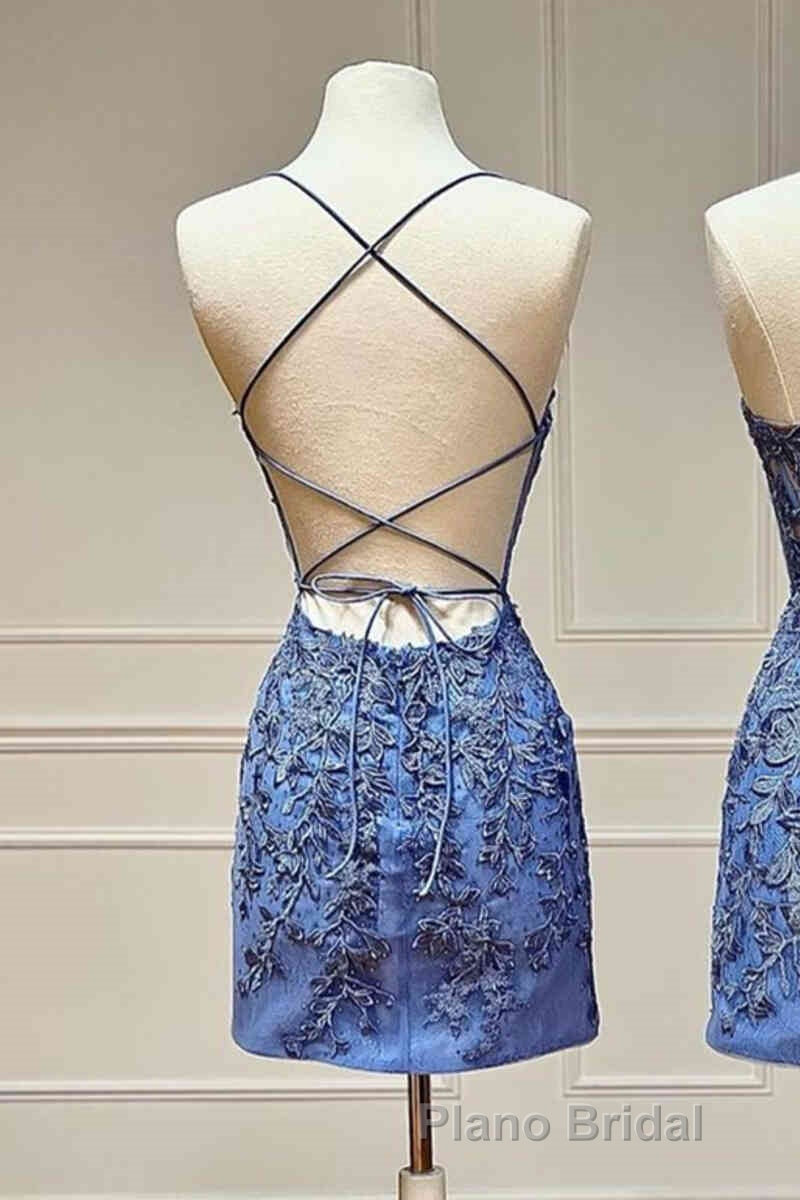 Tie Back Blue Appliqued Bodycon Homecoming Dresses