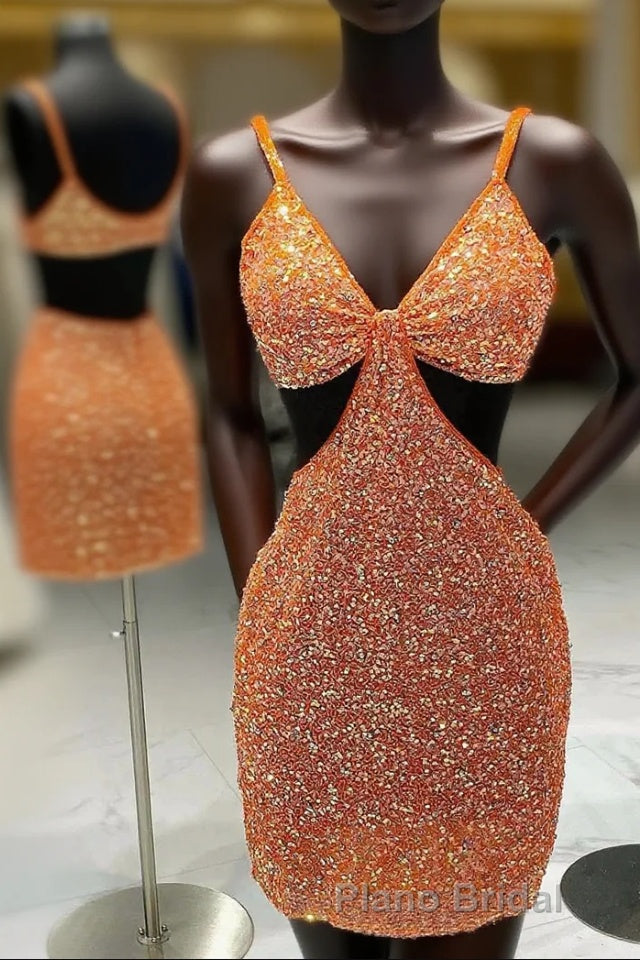 Cut Out Waist Orange Beaded Mini Homecoming Dresses Main image