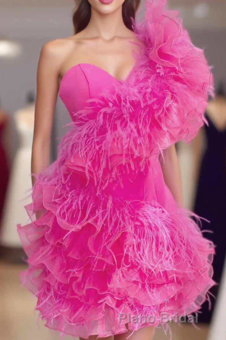 Ruffled Tulle Shoulder Hot Pink Short Homecoming Dresses with Feather Main image