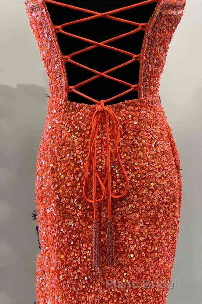 Halter Orange Sequins Bodycon Homecoming Dresses with Tassel