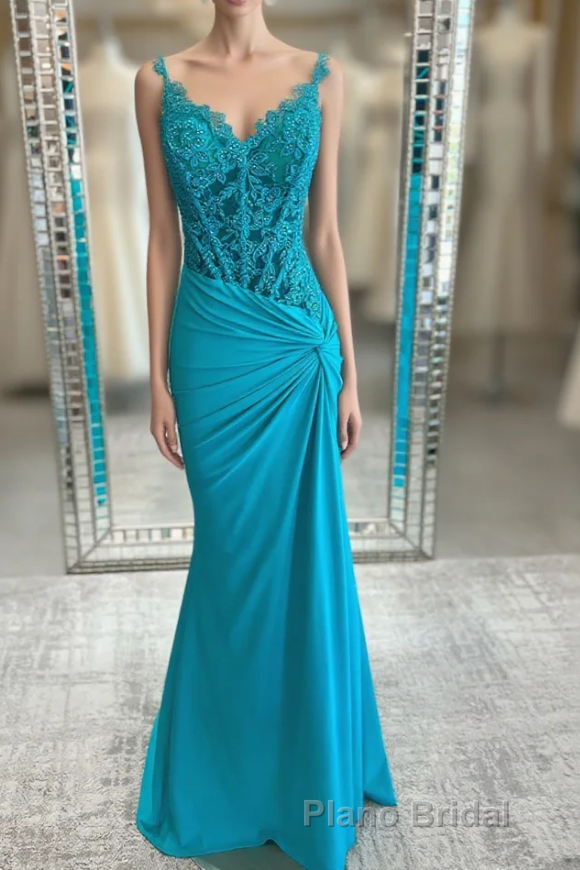 Jade Appliques Straps Twist Knot Mermaid Satin Long Formal Prom Dresses Main image