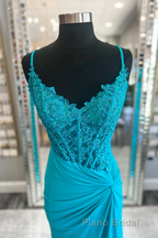 Jade Appliques Straps Twist Knot Mermaid Satin Long Formal Prom Dresses