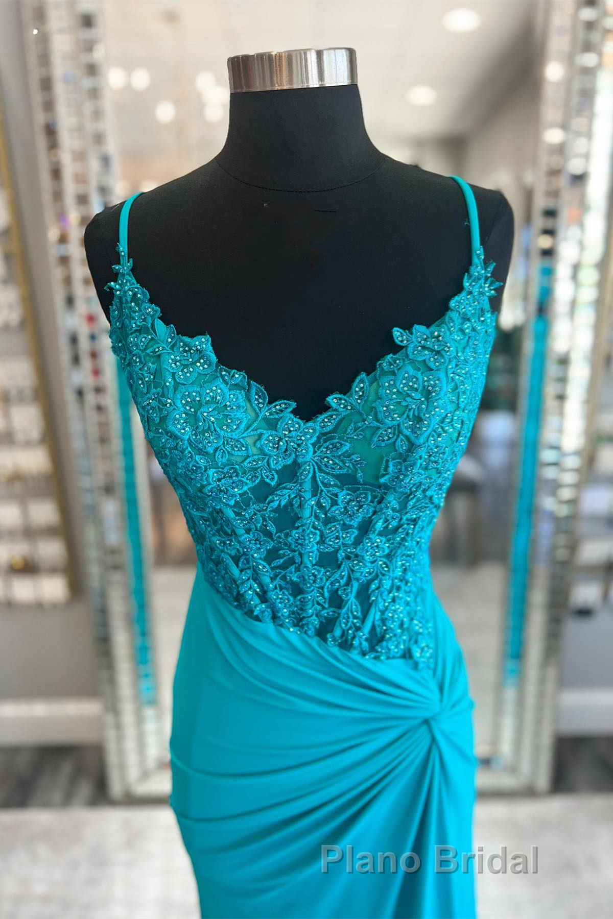 Jade Appliques Straps Twist Knot Mermaid Satin Long Formal Prom Dresses
