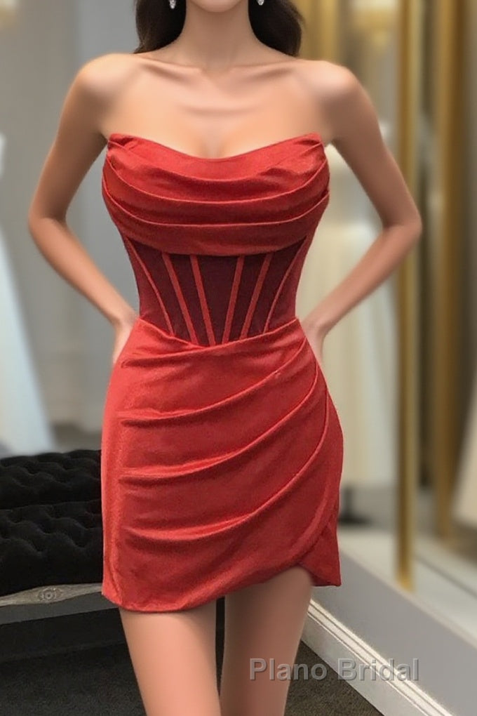 Strapless Pleated Red Satin Homecoming Dresses Main image