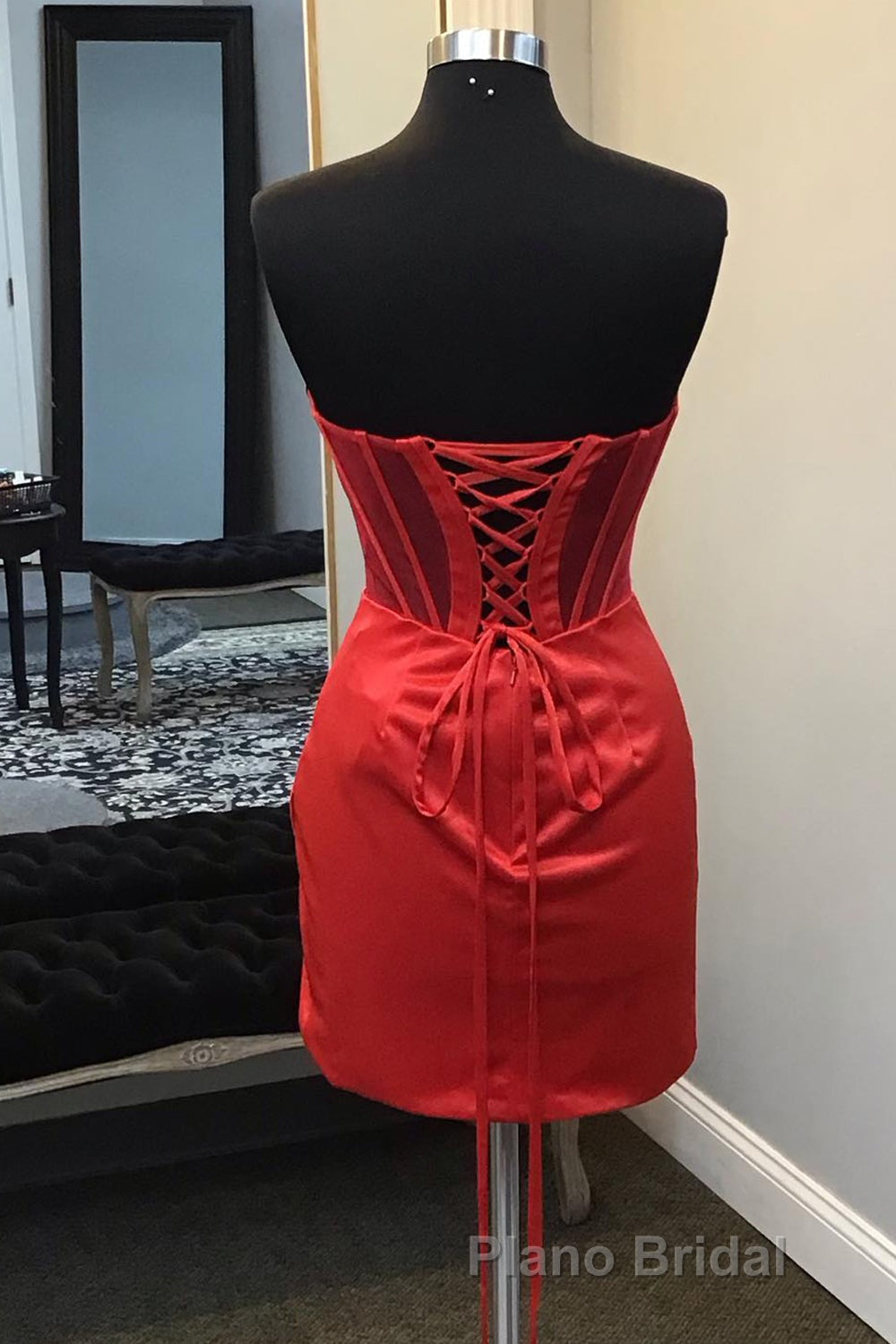 Strapless Pleated Red Satin Homecoming Dresses Secondary image