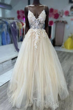 V-Neck Champagne Appliques Long Formal Prom Dresses with Straps