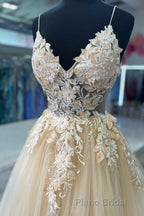 V-Neck Champagne Appliques Long Formal Prom Dresses with Straps