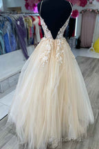 V-Neck Champagne Appliques Long Formal Prom Dresses with Straps