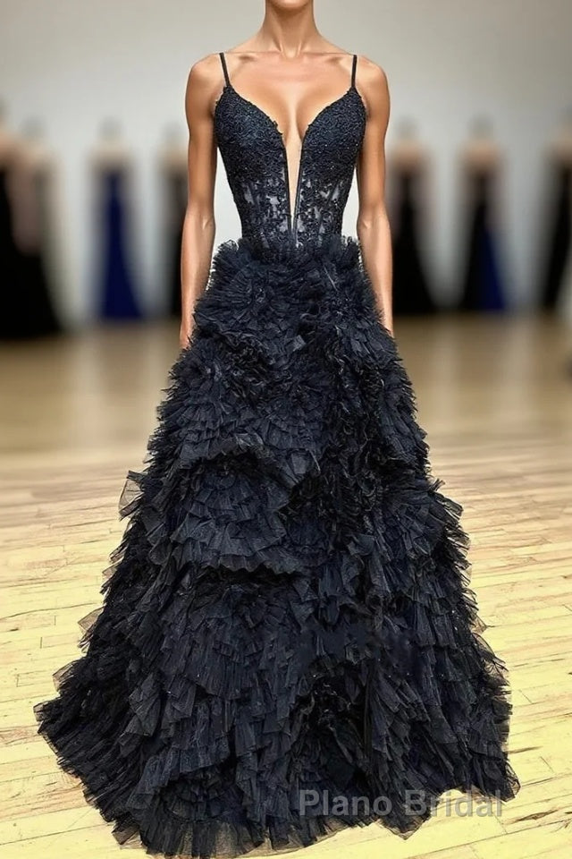 Gorgeous Black Straps Ruffled Long Formal Prom Dresses with Appliques Main image