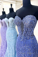 Sweetheart Periwinkle Keyhole Mermaid Formal Prom Dresses with Appliques