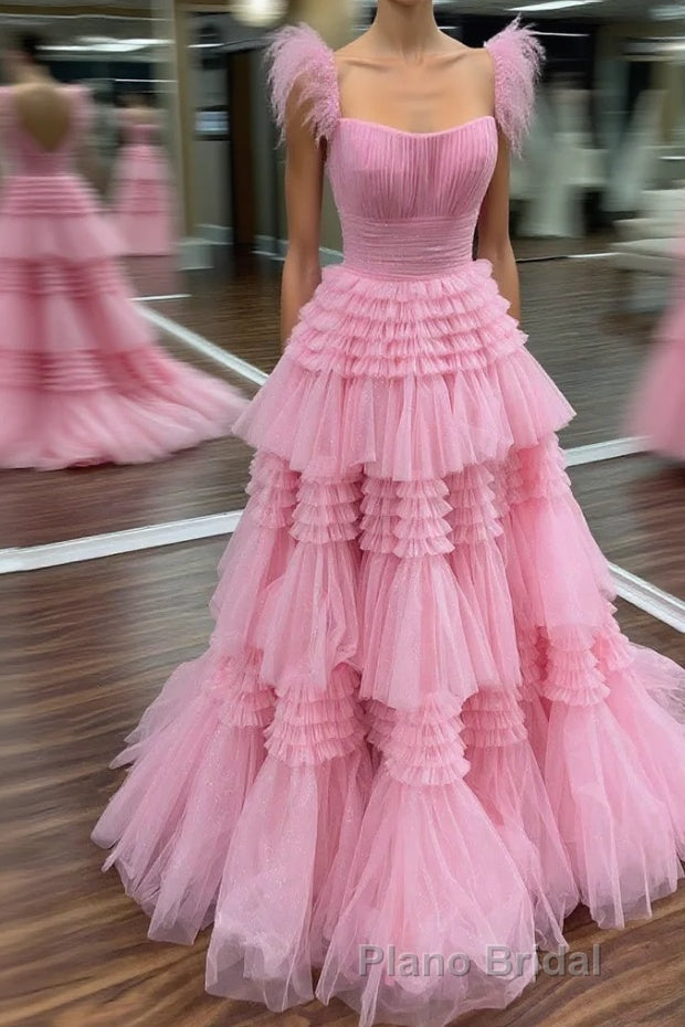 Cold Shoulder Pink Feathers A-Line Tiered Formal Prom Dresses Main image