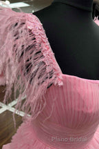 Cold Shoulder Pink Feathers A-Line Tiered Formal Prom Dresses