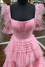 Cold Shoulder Pink Feathers A-Line Tiered Formal Prom Dresses