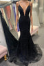 Lace-Up Black Plunging Neck Mermaid Formal Prom Dresses with Appliques