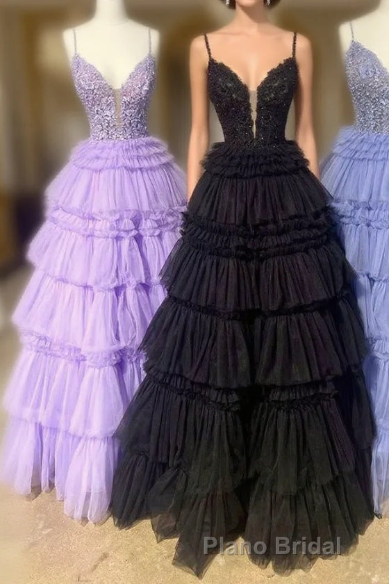 Plunging V-Neck Straps Appliques Layered Formal Prom Dresses Main image