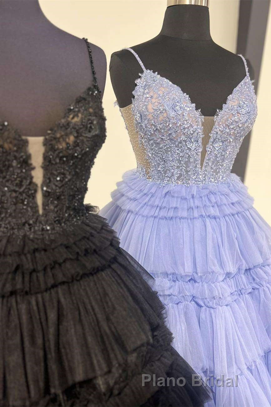 Plunging V-Neck Straps Appliques Layered Formal Prom Dresses