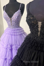 Plunging V-Neck Straps Appliques Layered Formal Prom Dresses