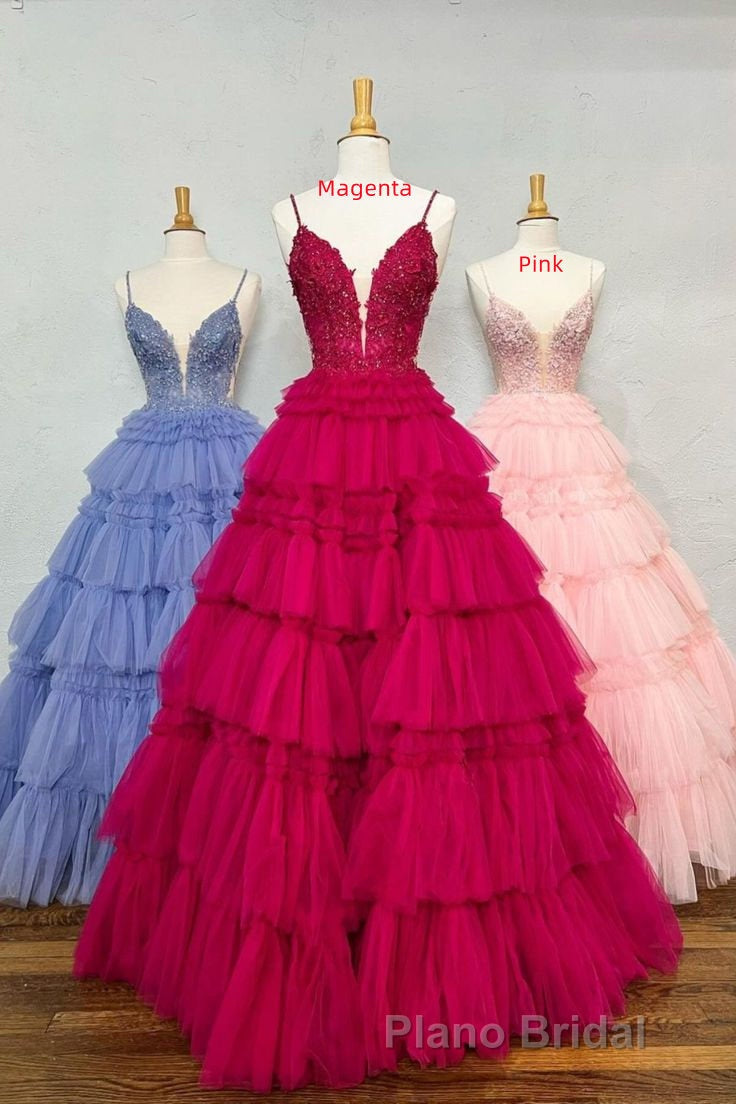 Plunging V-Neck Straps Appliques Layered Formal Prom Dresses