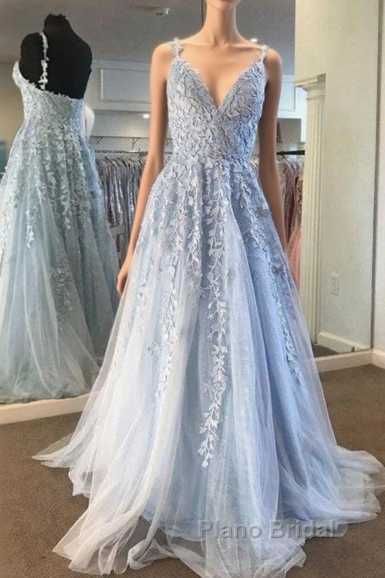 Fairy Light Blue Lace Appliques Tulle A-line Long Formal Prom Dresses
