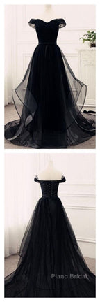 Flowy Tulle Off Shoulders Tulle Black Formal Prom Dresses