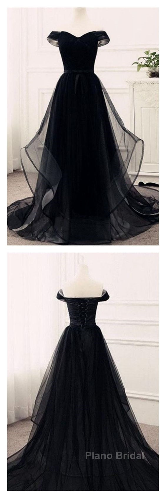 Flowy Tulle Off Shoulders Tulle Black Formal Prom Dresses