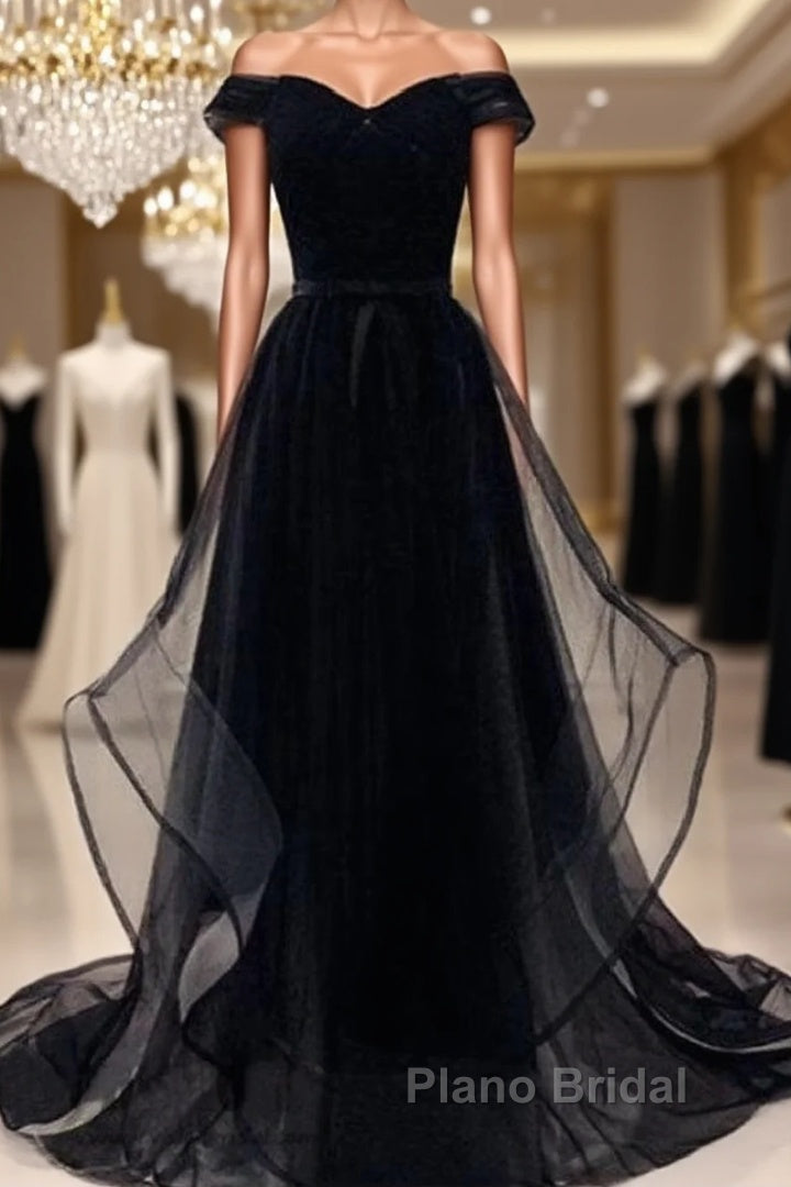 Flowy Tulle Off Shoulders Tulle Black Formal Prom Dresses