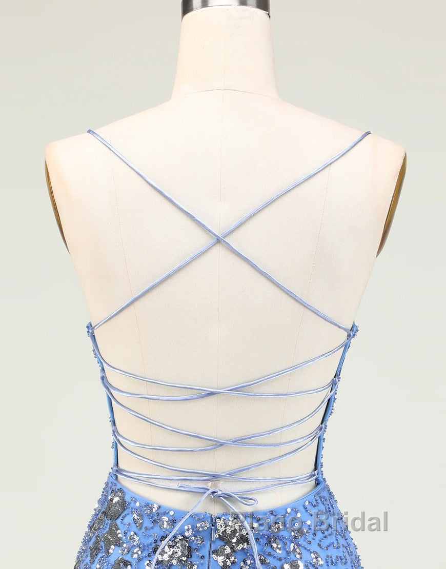 Glitter Blue Spaghetti Straps Beaded Sequins Short Tight Homecoming Dresses