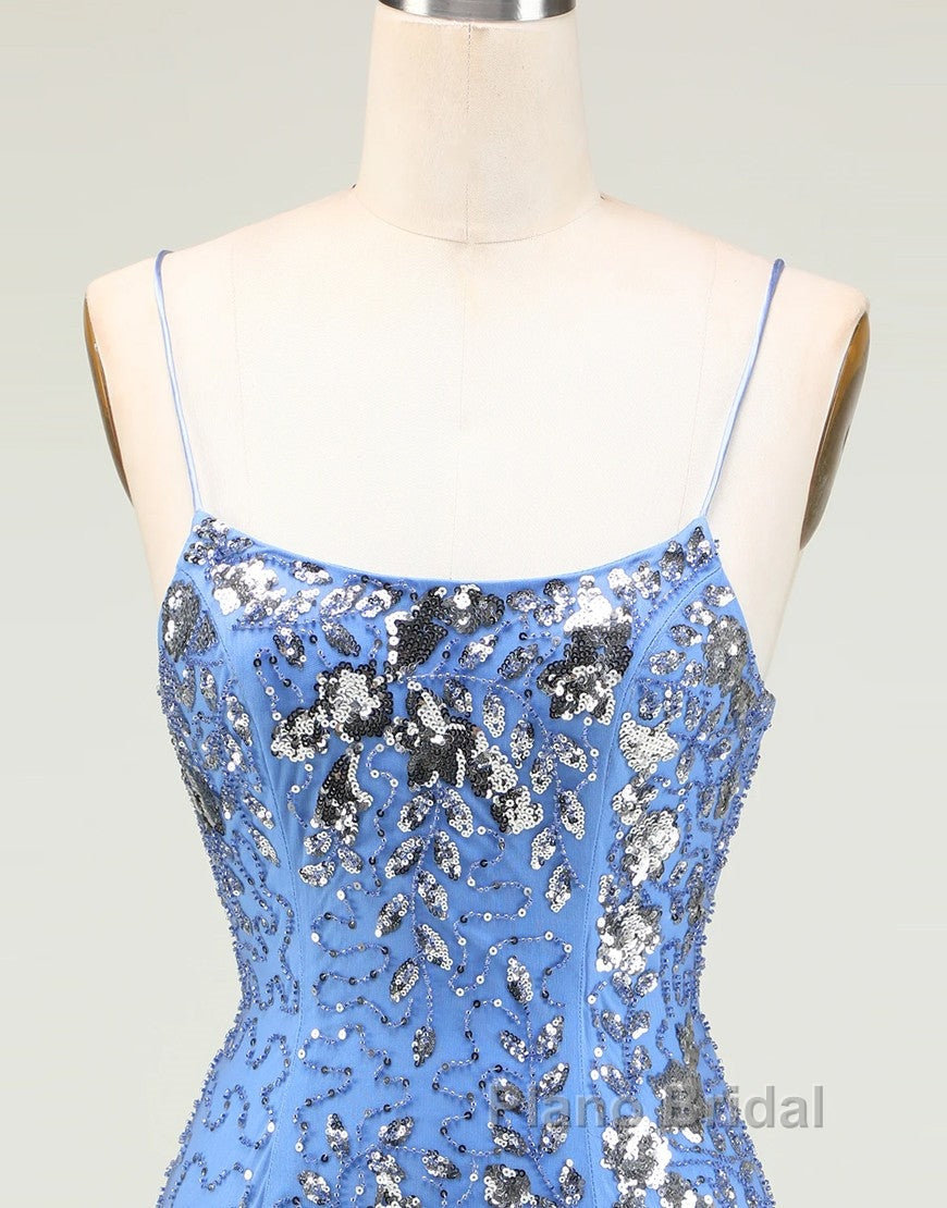 Glitter Blue Spaghetti Straps Beaded Sequins Short Tight Homecoming Dresses