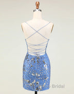 Glitter Blue Spaghetti Straps Beaded Sequins Short Tight Homecoming Dresses