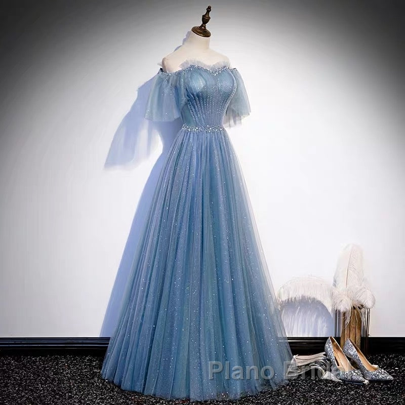 Glitter Fairytale Tulle Dusty Blue Formal Prom Dresses