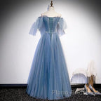 Glitter Fairytale Tulle Dusty Blue Formal Prom Dresses