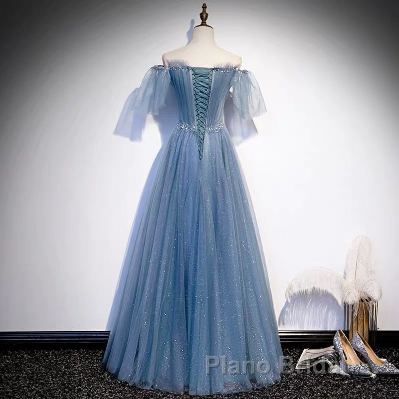 Glitter Fairytale Tulle Dusty Blue Formal Prom Dresses